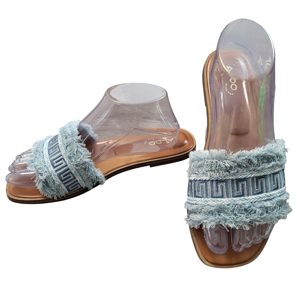 Aldo Nalani Pillow Walk Blue Frayed Boho Greek Key Slide Sandals Womens 7.5